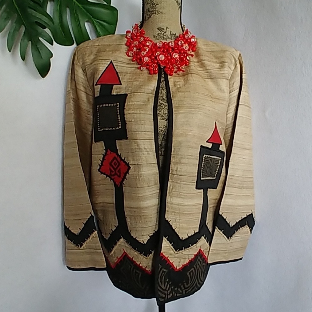 Vintage Alex Kim Silk Geo Tribal Design Jacket